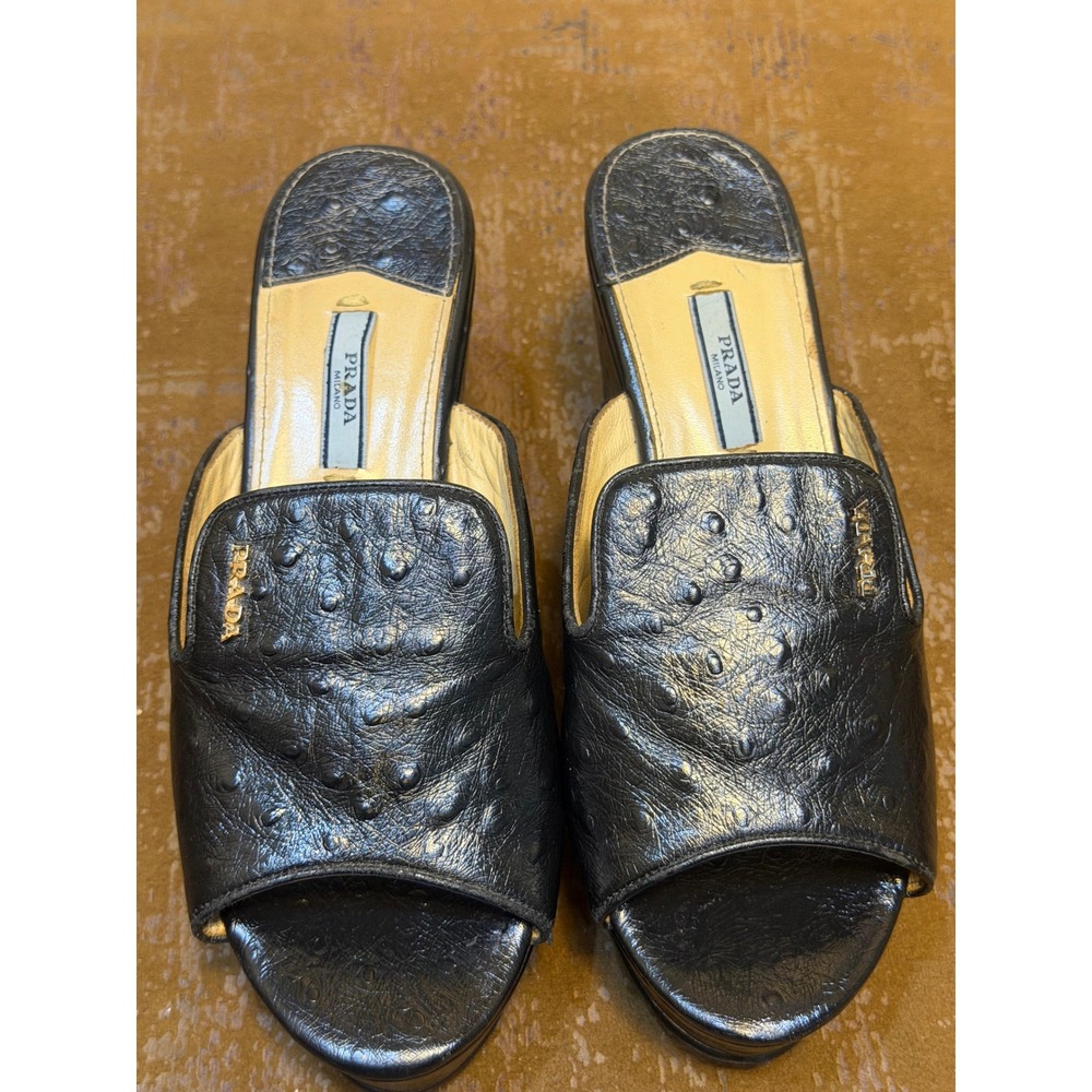 Prada Black Ostrich Embossed Leather Platform Wedge Mules Sandals 39 109-2